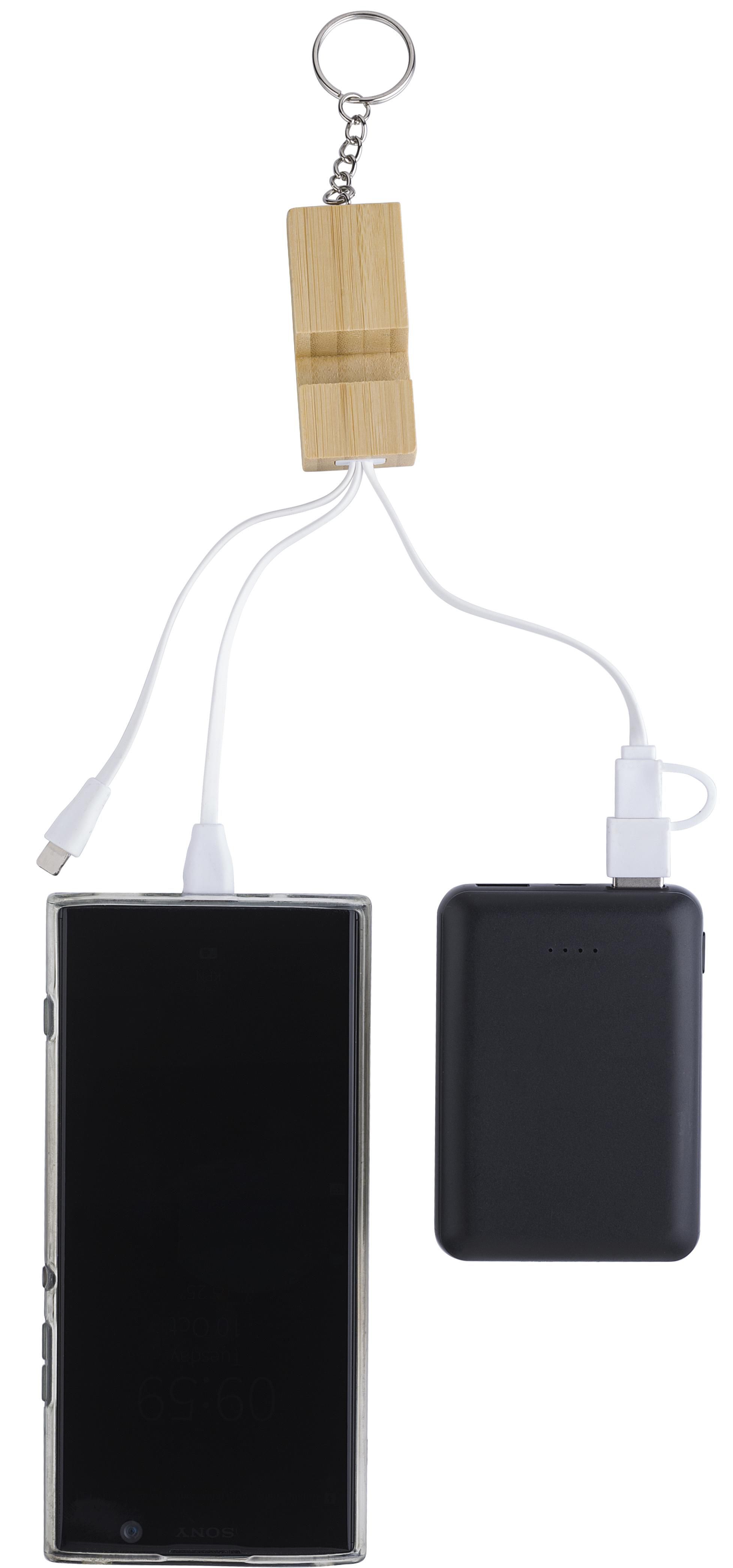 Sleutelhanger met oplaadkabels Sutton | Bamboe | Telefoonstandaard thumbnail
